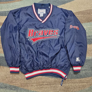 VINTAGE Atlanta Braves Jacket Mens L Blue Starter Pullover MLB Logo 90s